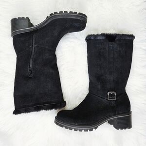 Kelly & Katie Black Faux Suede Boots Riding Stacked Heel Fur Lined Shoes Size 10